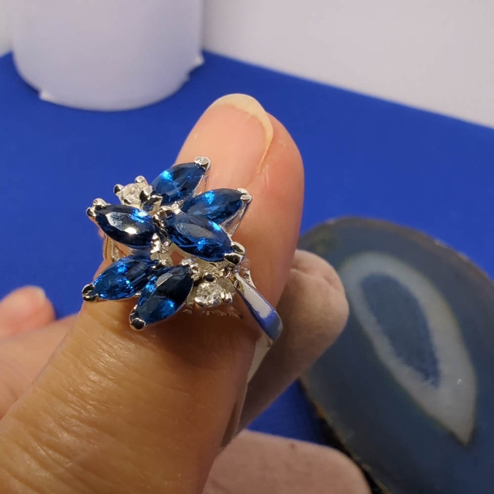925 Sterling Silver Ring Blue Sapphire & CZ Diamond Ring Women's Jewelry NWT